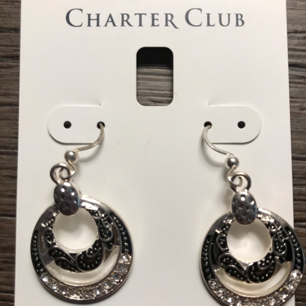 Silver and rhinestone dangling hoop earrings